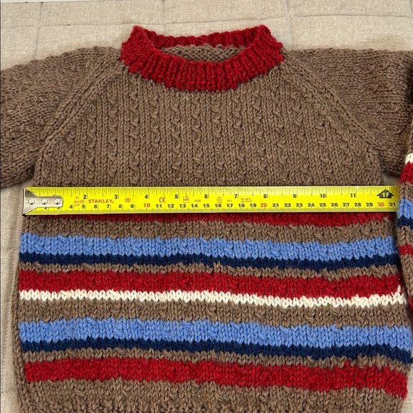 Sweater. Children’s. Hand made. Vintage. Cozy Brown Striped Knit Sweater - Picture 3 of 4